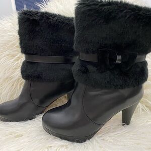 Chic Black Fur-Trimmed Heeled Boots size39/8.5